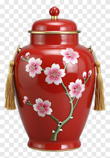 Red Floral Ceramic Urn PNG