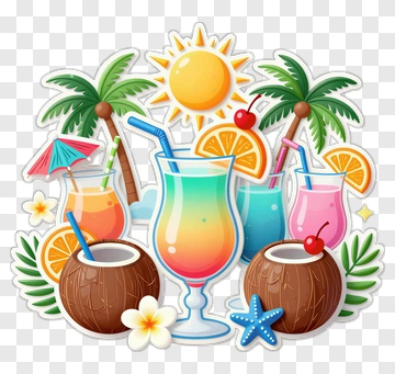 Colorful Tropical Drinks With Coconut And Palm Trees PNG