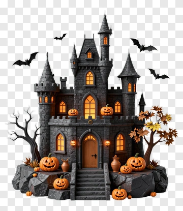 Halloween Castle With Pumpkins And Bats PNG
