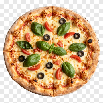 Pizza With Basil, Tomatoes, And Olives PNG