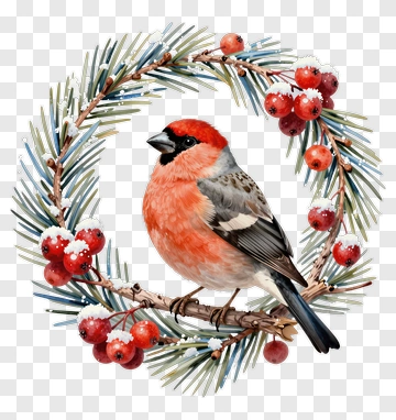 Bullfinch Bird In A Pine Wreath PNG