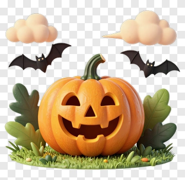 Halloween Pumpkin With Bats And Clouds PNG