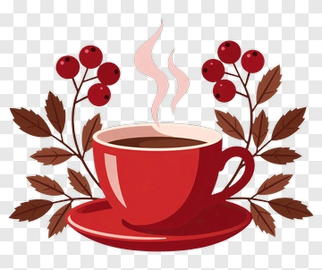 Red Coffee Cup With Steam And Berries PNG