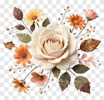 Floral Bouquet With Beige Rose And Colorful Flowers PNG