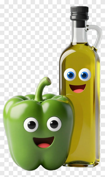 Cartoon Green Bell Pepper And Olive Oil Bottle PNG