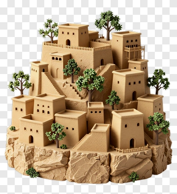 3D Desert Village With Trees PNG