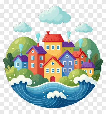 Colorful Cartoon Houses By The Water PNG