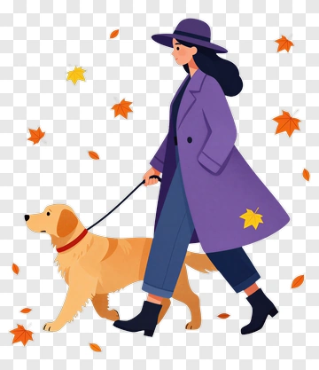 Woman Walking A Golden Retriever In Autumn PNG
