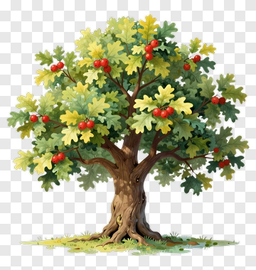 Colorful Oak Tree With Red Berries PNG