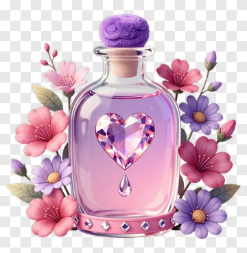 Heart-Shaped Potion Bottle Surrounded By Flowers PNG