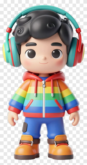 3D Cartoon Boy Wearing Rainbow Hoodie And Headphones PNG