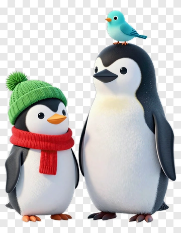 Cartoon Penguins With A Bird On Top PNG