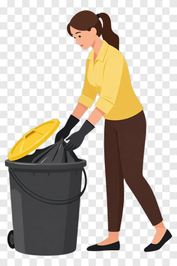 Woman Disposing Trash In A Garbage Bin PNG