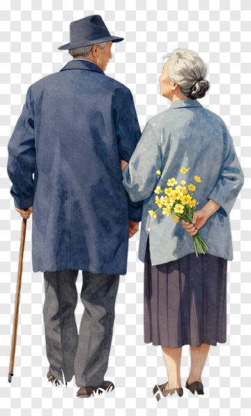 Elderly Couple Holding Hands With Flowers PNG