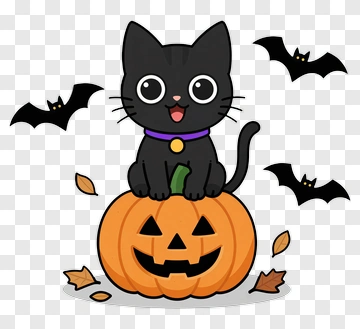 Cartoon Black Cat Sitting On A Halloween Pumpkin PNG