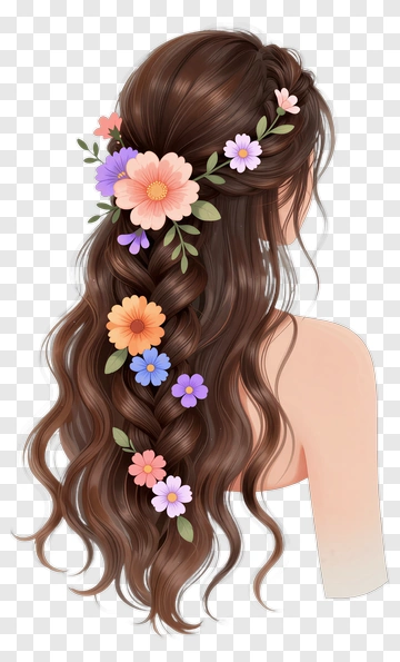 Woman With Long Hair Decorated With Flowers PNG