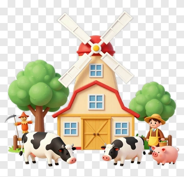 Cartoon Farm With Cows And A Windmill PNG