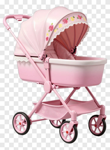 Pink Baby Doll Stroller With Floral Design PNG
