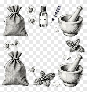 Natural Ingredients With Mortar And Pestle PNG