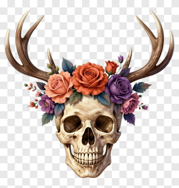 Skull With Antlers And Floral Arrangement PNG
