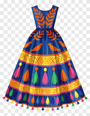 Colorful Folk Dress With Bird And Tassel Patterns PNG