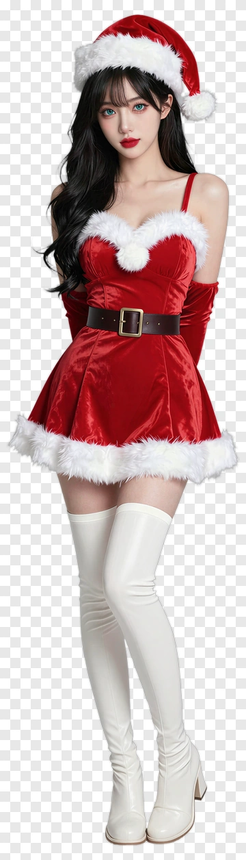 Christmas Themed Woman In Red Dress And Santa Hat PNG