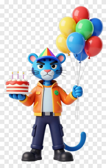 Cartoon Tiger Holding A Birthday Cake And Balloons PNG