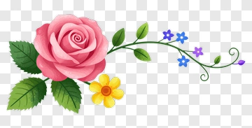 Pink Rose With Green Leaves And Colorful Flowers PNG