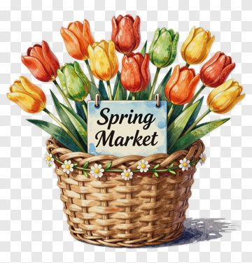 Colorful Tulip Basket With Spring Market Sign PNG