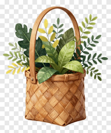 Woven Basket Filled With Greenery PNG