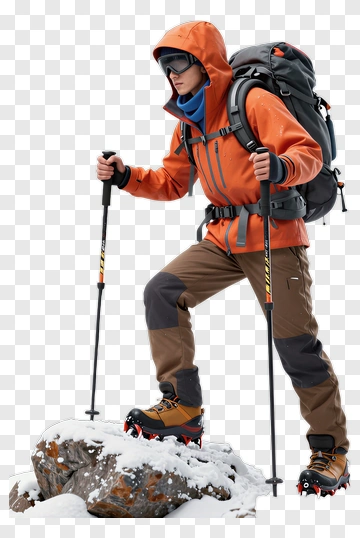 Hiker Climbing A Snowy Rock PNG