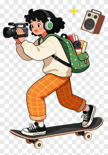 Cartoon Girl Skateboarding While Filming PNG