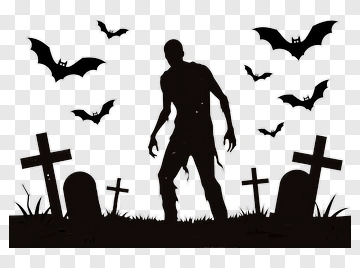Zombie Silhouette In A Graveyard With Bats PNG