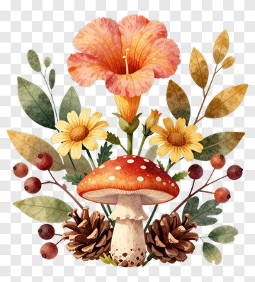 Colorful Floral Arrangement With Mushroom And Pinecones PNG