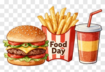 Food Day Meal With Burger, Fries, And Drink PNG