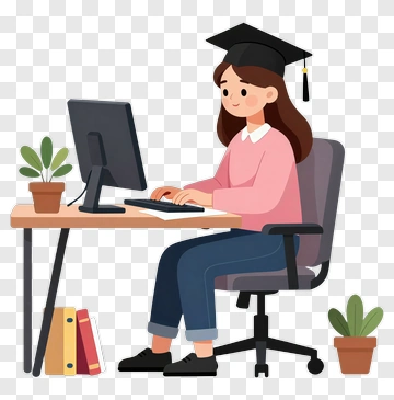 Student Working At A Desk With A Graduation Cap PNG
