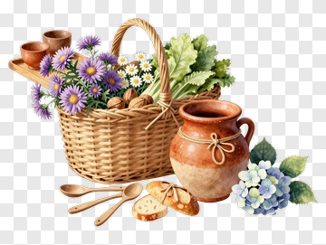 Basket Filled With Flowers And Kitchen Items PNG