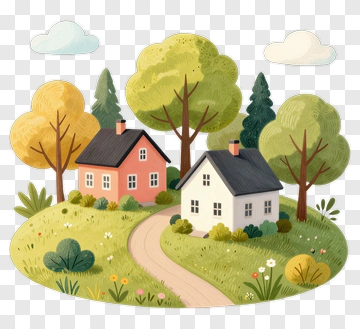 Colorful Illustration Of Two Houses In A Serene Landscape PNG