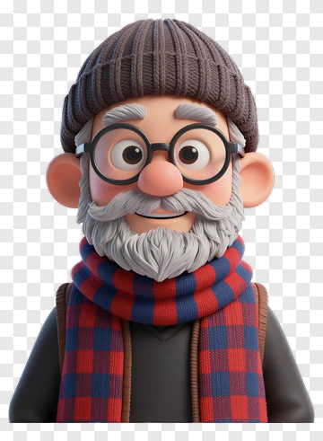 3D Cartoon Elderly Man With Glasses And Scarf PNG