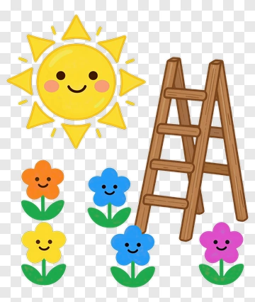 Cartoon Sun And Colorful Flowers With Ladder PNG