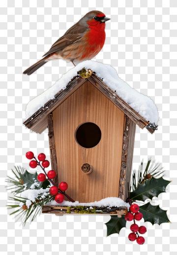 Birdhouse With A Bird And Winter Decorations PNG