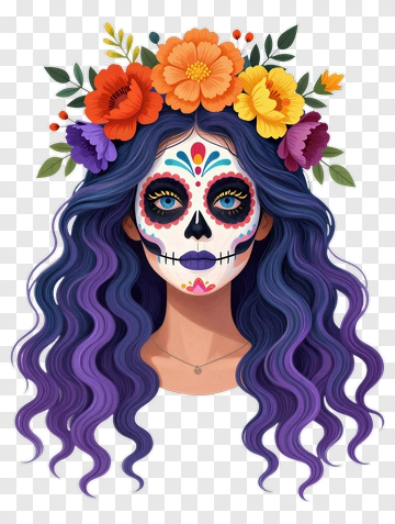Colorful Woman With Sugar Skull Makeup And Floral Crown PNG