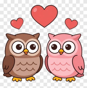 Cute Cartoon Owls With Hearts PNG