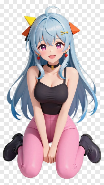 Anime Girl With Blue Hair And Colorful Accessories PNG