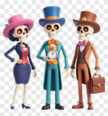 Skeleton Characters In Colorful Attire PNG