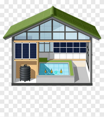 Eco House With Solar Panels And Water Pool PNG