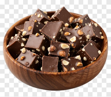 Chocolate Fudge Pieces In A Wooden Bowl PNG