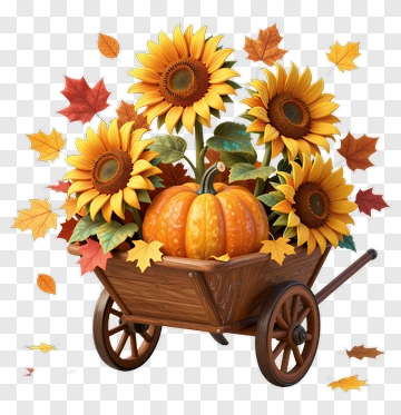 Sunflower Arrangement In A Wheelbarrow With Autumn Leaves PNG