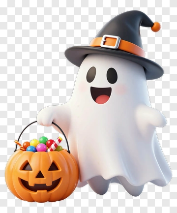 Cartoon Ghost Holding A Halloween Candy Bucket PNG