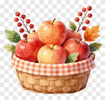 Basket Of Fresh Red Apples With Leaves And Berries PNG